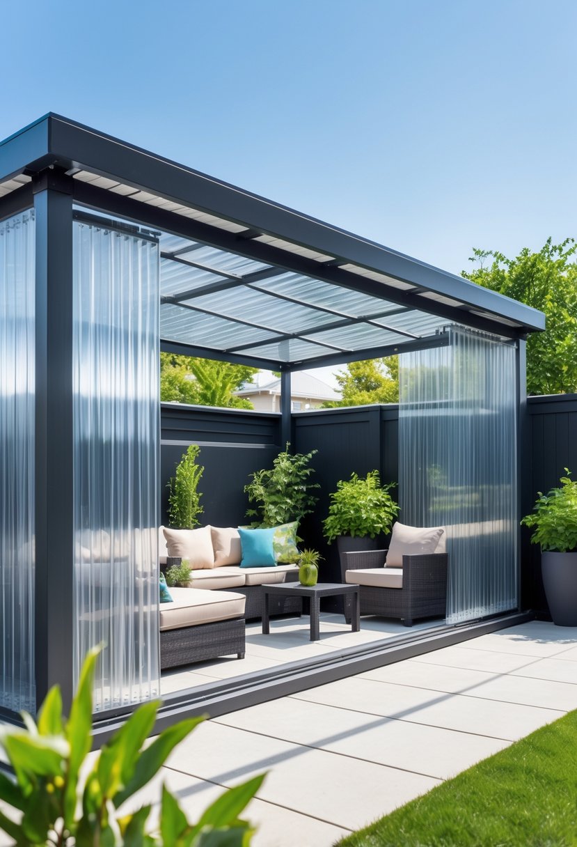 Outdoor patio with a half-wall made of clear polycarbonate sheets, comfortable seating, and plants.