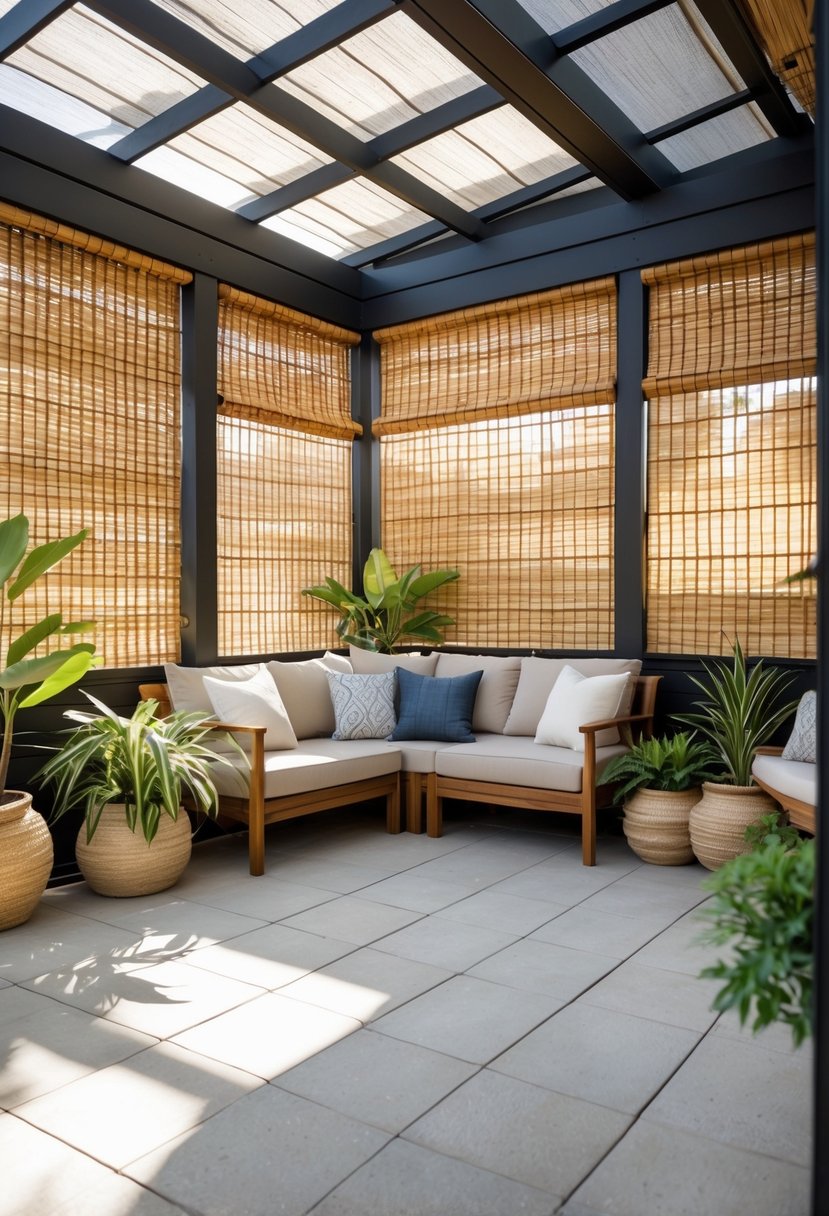 Outdoor patio with bamboo blinds hung around the seating area and plants nearby.