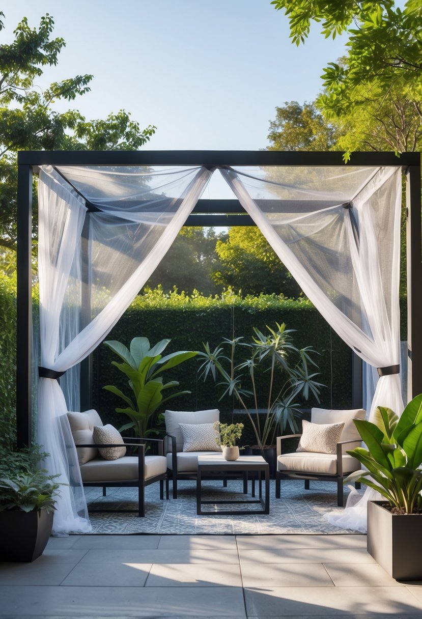 Outdoor patio with comfortable seating enclosed by transparent insect netting surrounded by greenery.