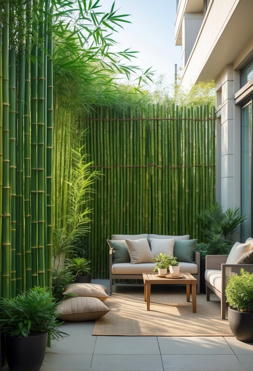 Apartment patio with tall bamboo screens providing privacy, seating area, and potted plants.