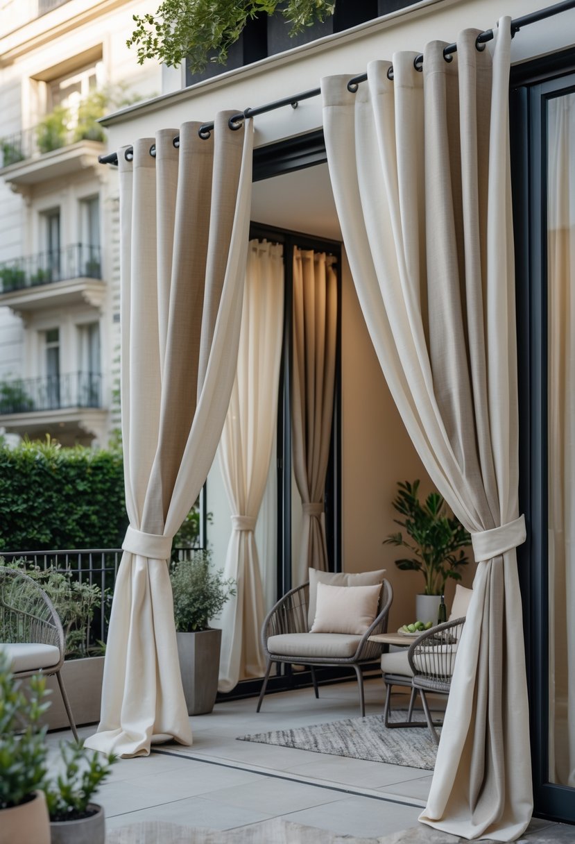 Apartment patio with neutral-colored outdoor curtains surrounding a cozy seating area and potted plants.