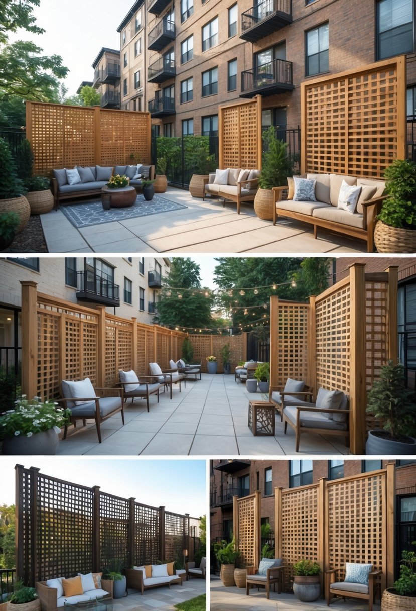 Multiple apartment patios with freestanding wooden lattice fences providing privacy, decorated with outdoor furniture and plants.