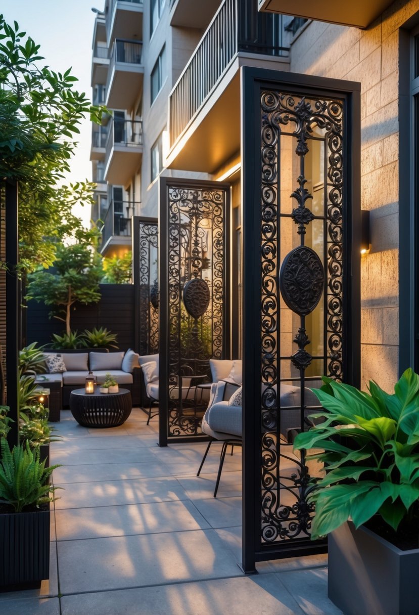 Apartment patio with iron decorative privacy panels, outdoor seating, and plants.