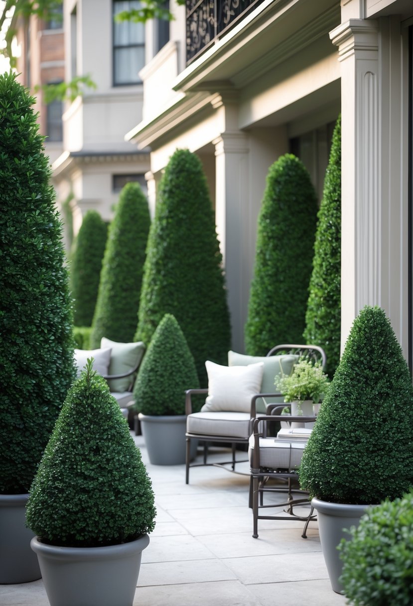 Apartment patio with potted evergreen shrubs arranged to create privacy around outdoor seating.