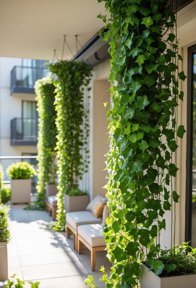 Apartment patio with hanging planter dividers filled with green ivy providing privacy between outdoor seating areas.