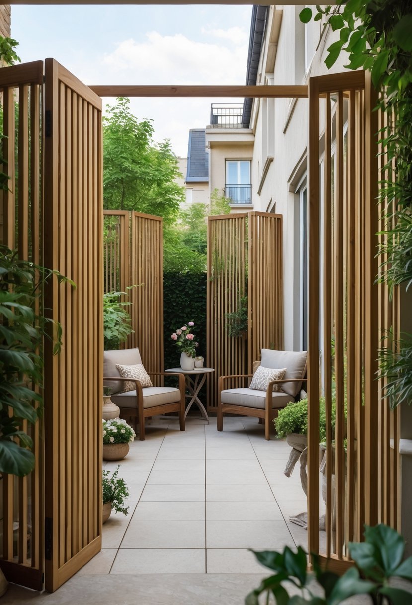 Apartment patio with wooden folding screens providing privacy around a cozy outdoor seating area with plants.