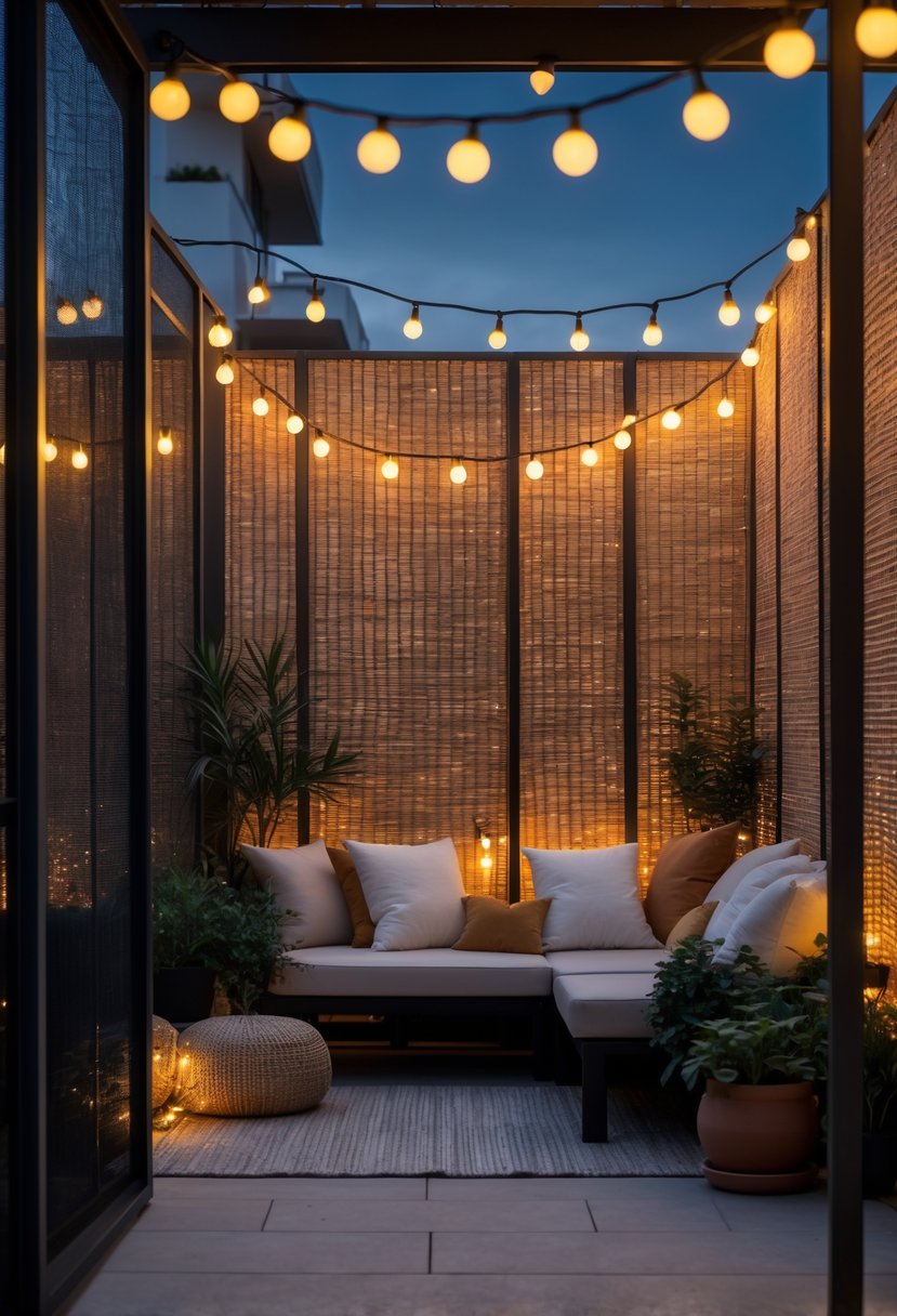Apartment patio with privacy screens decorated with string lights and outdoor seating.