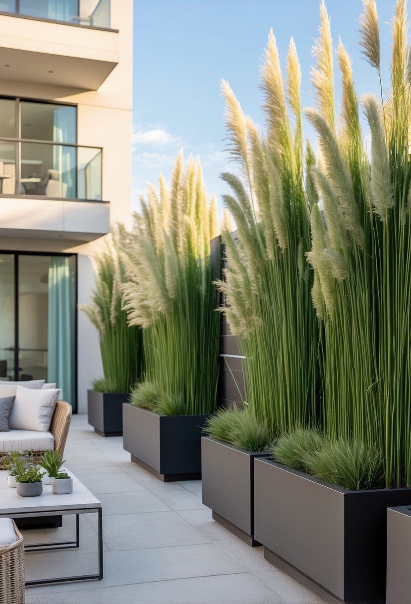 Apartment patio with tall ornamental grasses in planters creating privacy around an outdoor seating area.