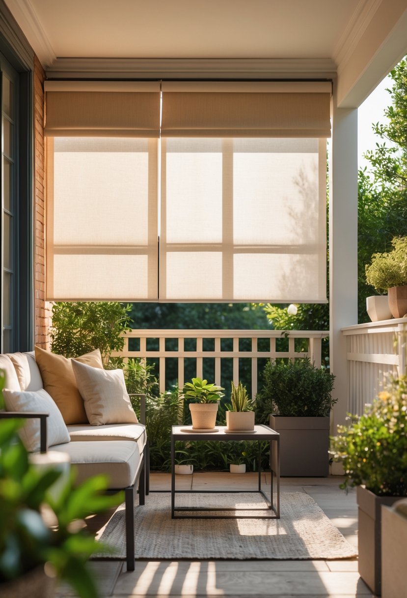 Apartment patio with canvas roll-up shades providing privacy, outdoor seating, plants, and cozy decor.