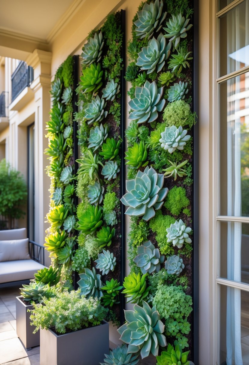Vertical garden walls filled with various succulents on a classic apartment patio creating privacy.