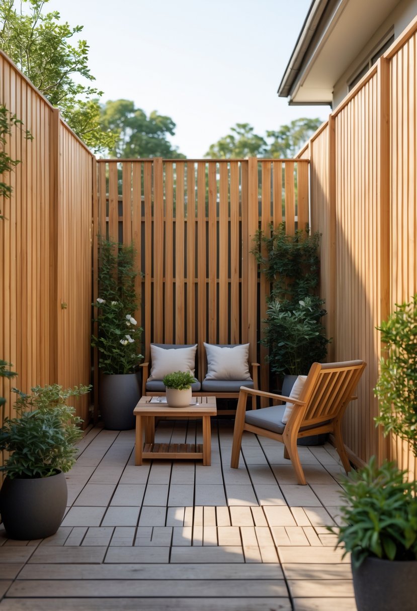 Apartment patio with slatted wood fence panels, outdoor seating, and potted plants.