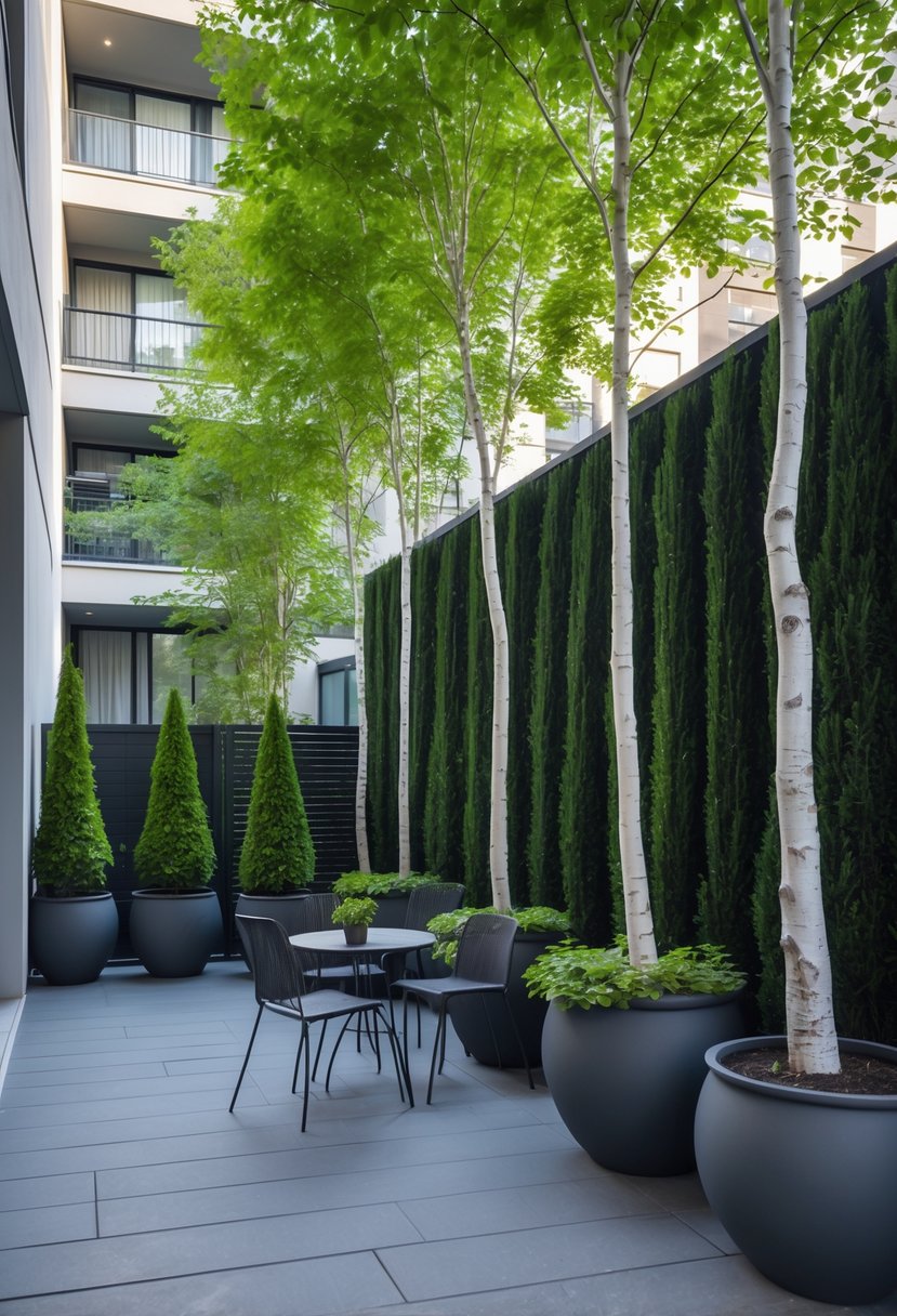 Apartment patio with tall maple and birch trees in pots arranged to provide privacy.