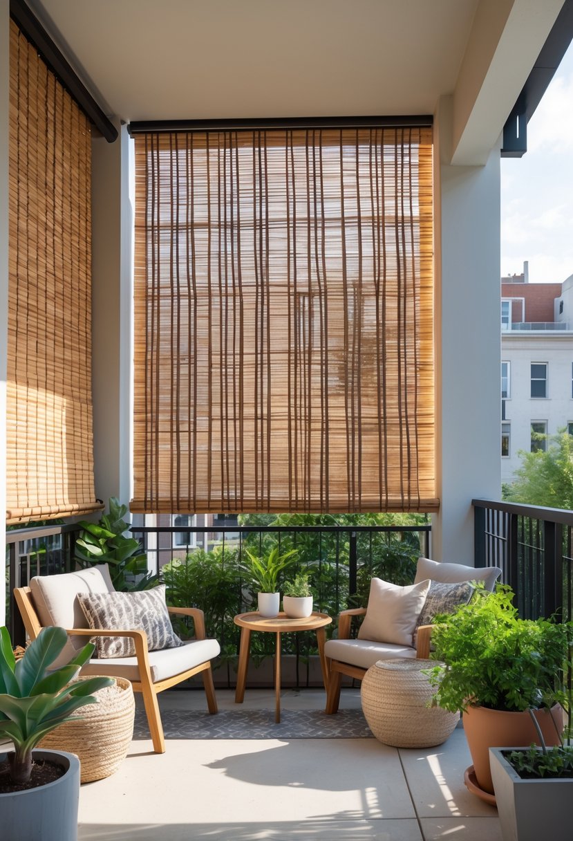 Apartment patio with bamboo roll-up shades, outdoor furniture, and plants creating a private outdoor space.