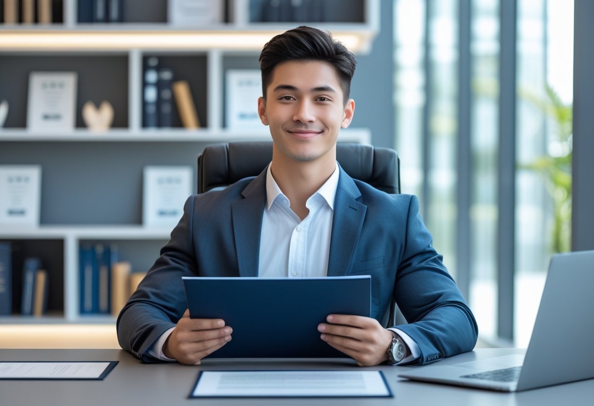 مرد جوانی در دفتر مدرن نشسته و پوشه‌ای که شبیه کتاب است را در دست دارد و لبخند می‌زند.