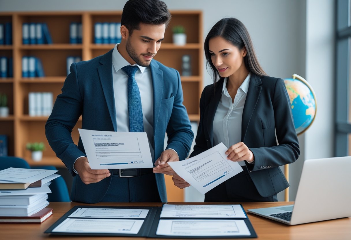 دو فرد جوان در لباس رسمی در یک دفتر مدرن در حال بررسی برگه هستند.