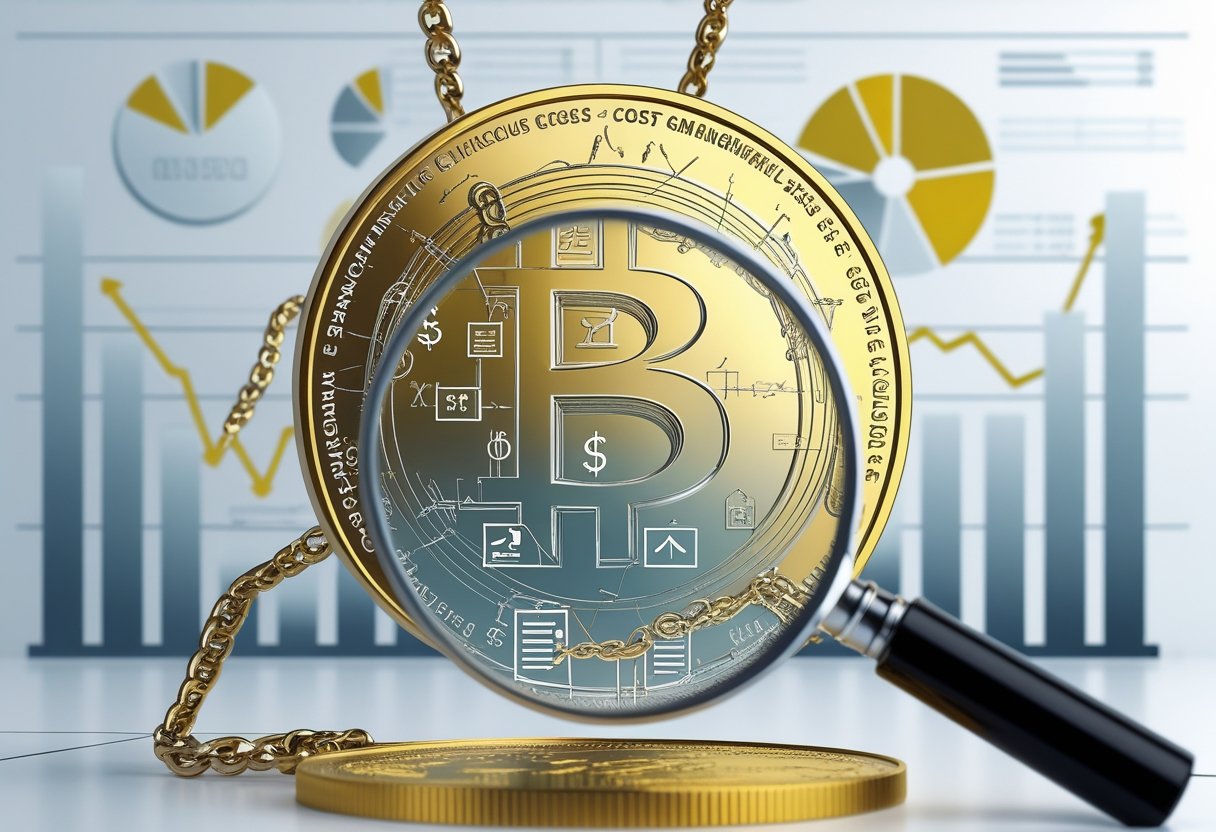 A large gold coin partially covered by chains with icons representing fees, surrounded by faint financial charts and a magnifying glass highlighting hidden details.
