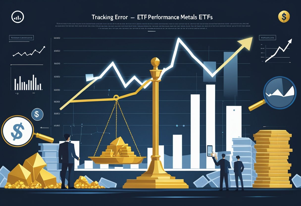 A financial illustration showing a split graph with a smooth benchmark line and a jagged ETF performance line, a golden scale balancing gold bars and documents, surrounded by investors analyzing data and symbols representing hidden costs.