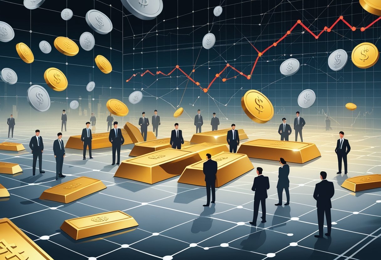 A trading pit with businesspeople surrounded by gold and silver bars and coins, with market graphs and network lines in the background, illustrating hidden risks in precious metals trading.