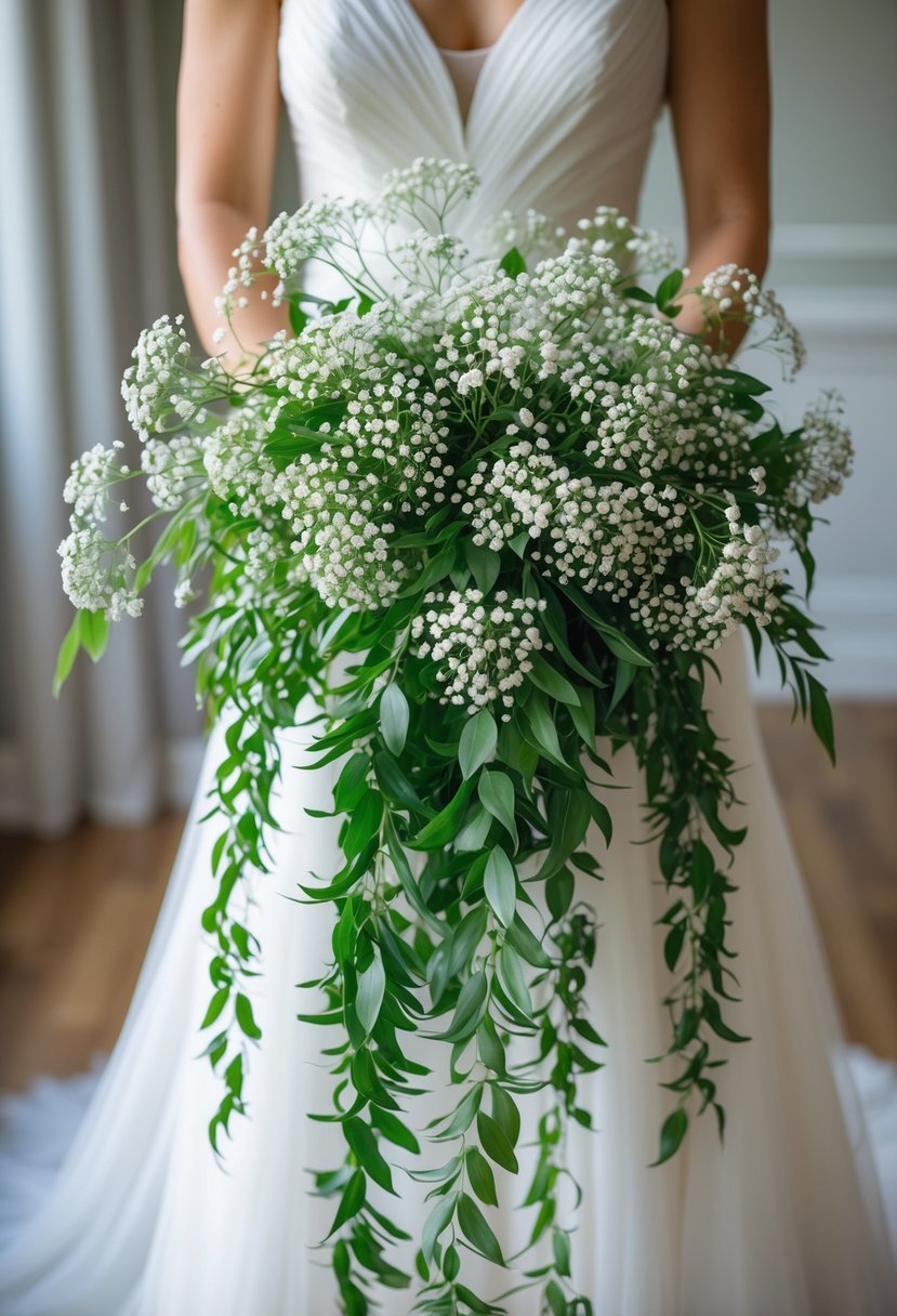 A bridal bouquet of white baby's breath flowers with cascading green leaves held by a bride.
