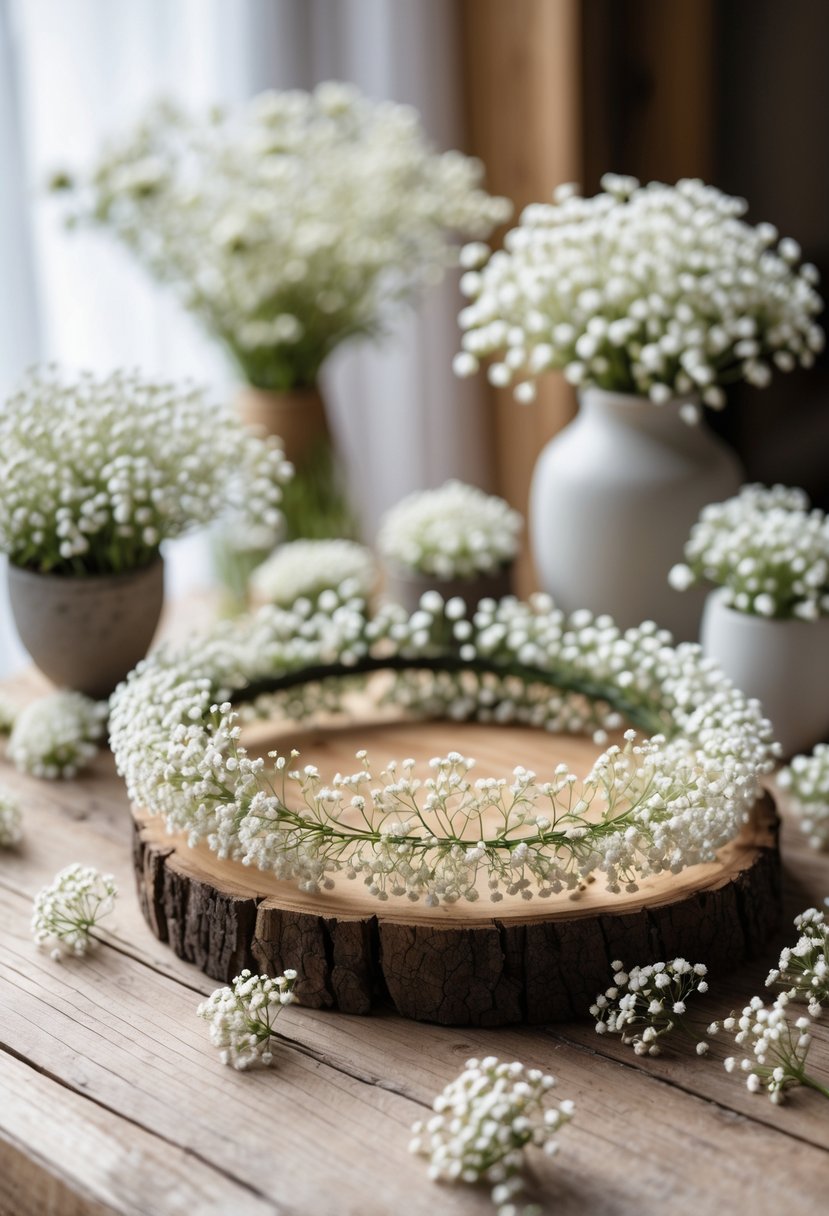 A delicate baby's breath flower crown on a wooden surface surrounded by various wedding decorations made with baby's breath flowers.