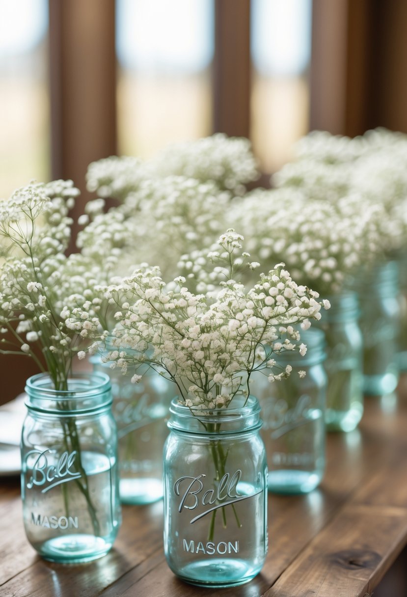 Mason jars filled with white baby's breath flowers arranged on a wooden table as wedding centerpieces.