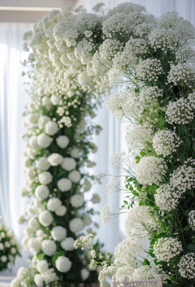 A wedding ceremony backdrop with a large arch made of white baby's breath flowers.