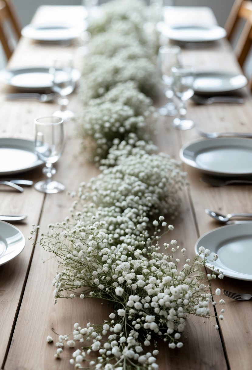 A long wooden table decorated with delicate white baby's breath flowers arranged as a table runner, set with plates, glasses, and cutlery.