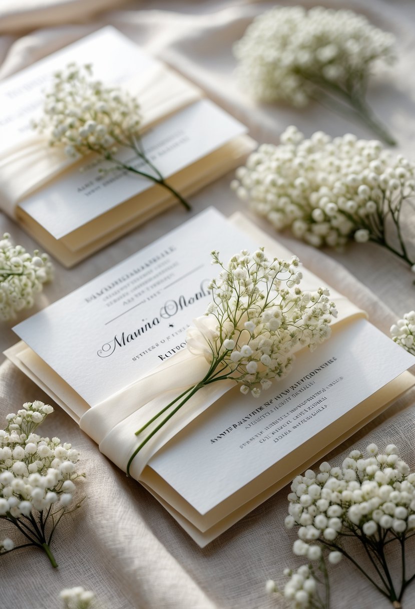 Wedding invitations wrapped with small white baby's breath flowers on a soft fabric background.