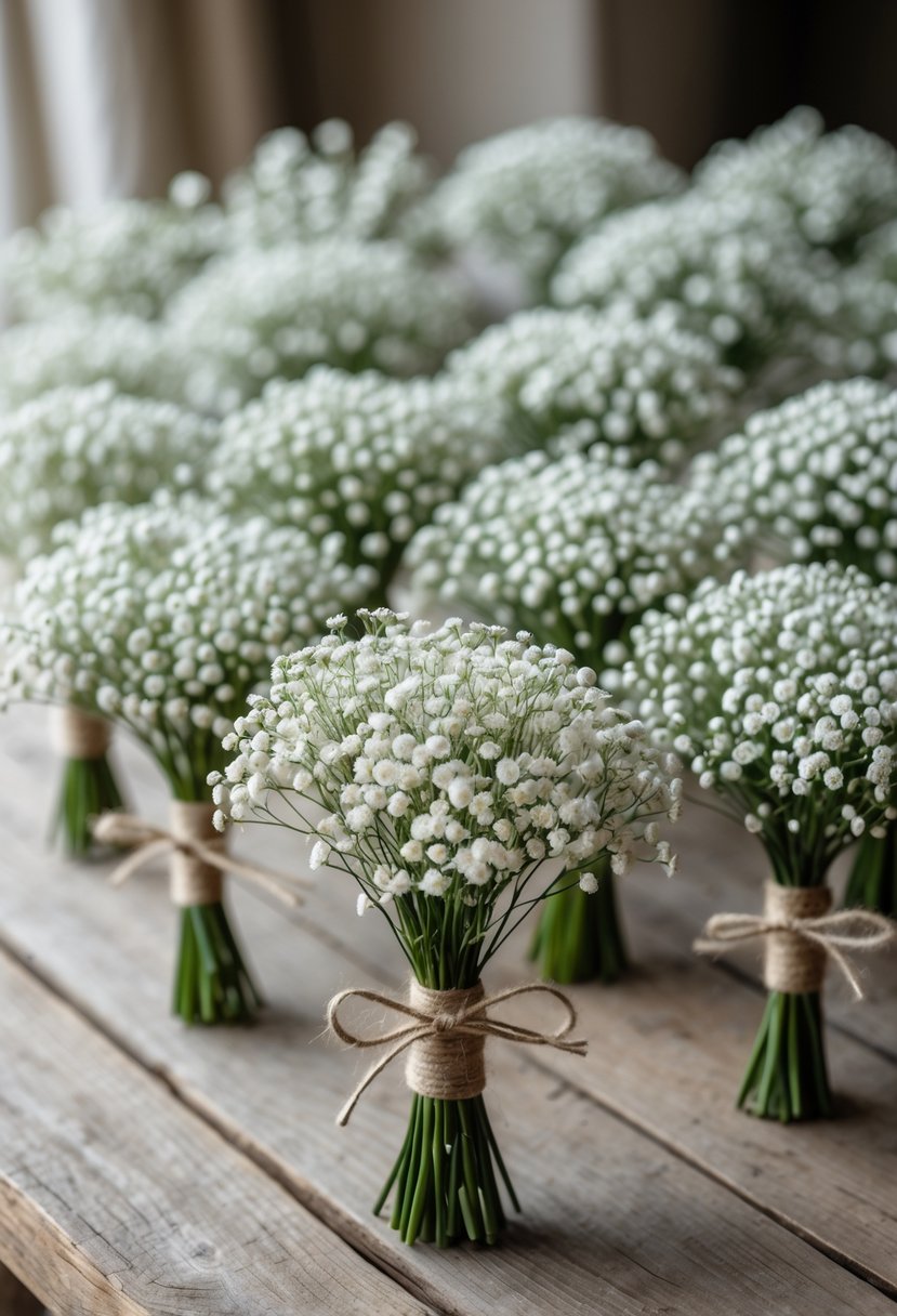 A collection of delicate baby's breath boutonnières arranged on a wooden surface.