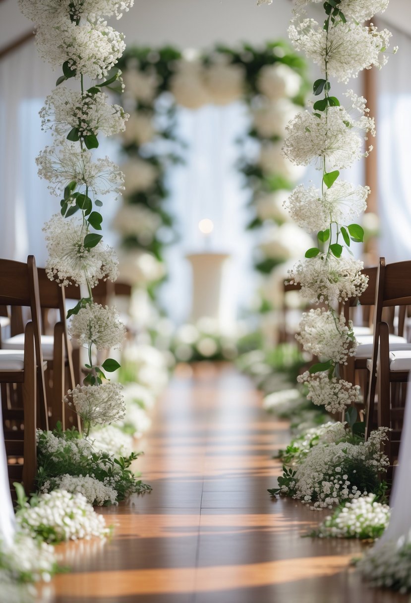 Wedding aisle decorated with white baby's breath flower garlands draped along both sides.
