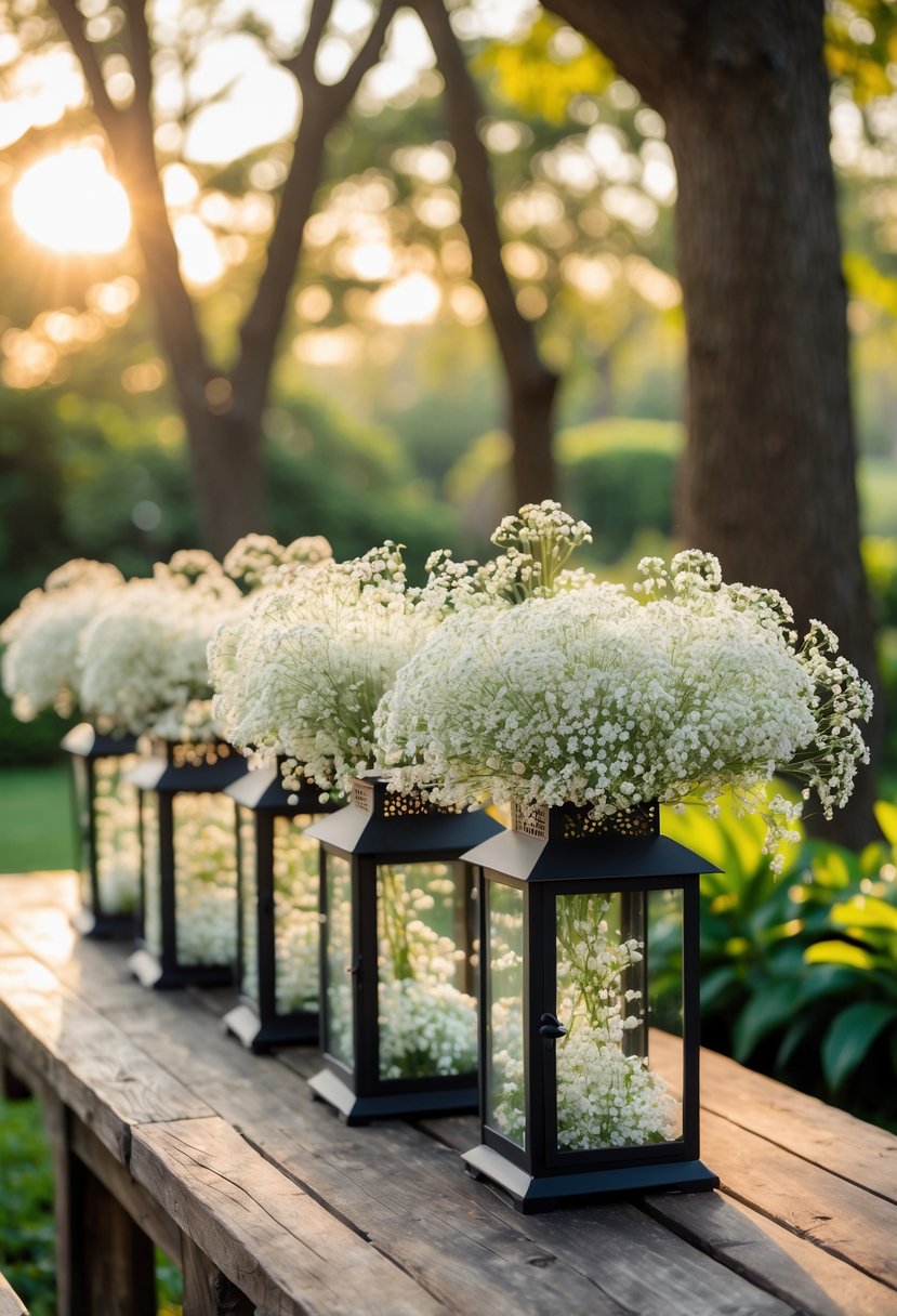 Outdoor wedding scene with lanterns filled with white baby's breath flowers arranged on a wooden table surrounded by greenery.