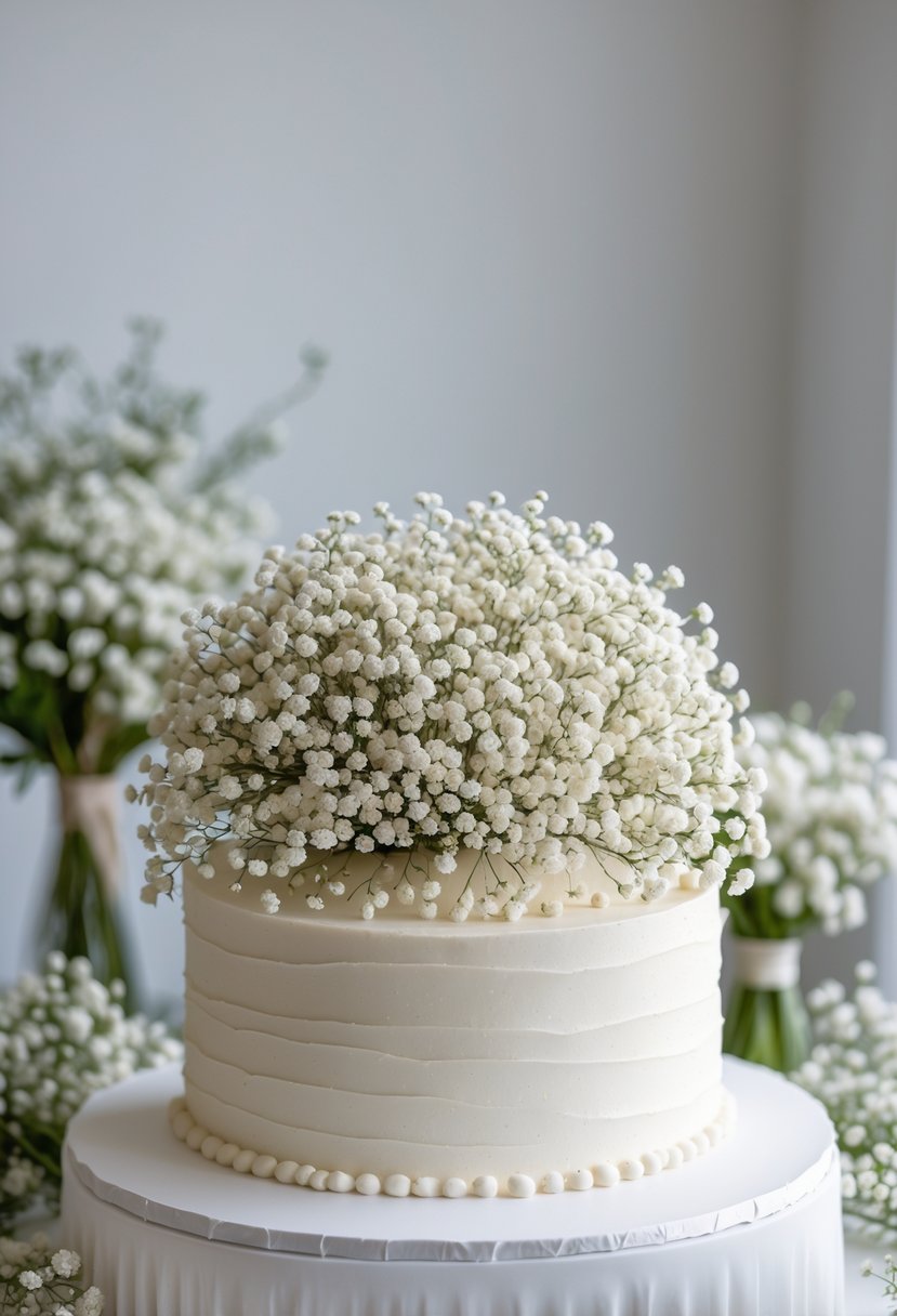 A white wedding cake topped with a dense cluster of small white baby's breath flowers, surrounded by matching baby's breath wedding decorations.