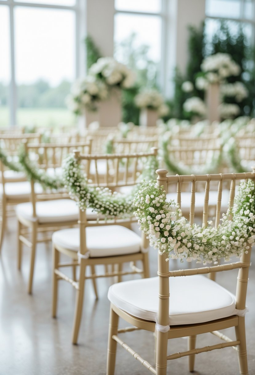 Fifteen reception chairs decorated with white baby’s breath wreaths in a bright wedding venue.