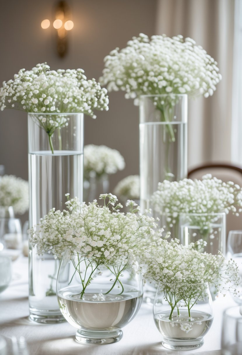 Glass bowls filled with floating baby's breath flowers arranged on a table as wedding centerpieces.