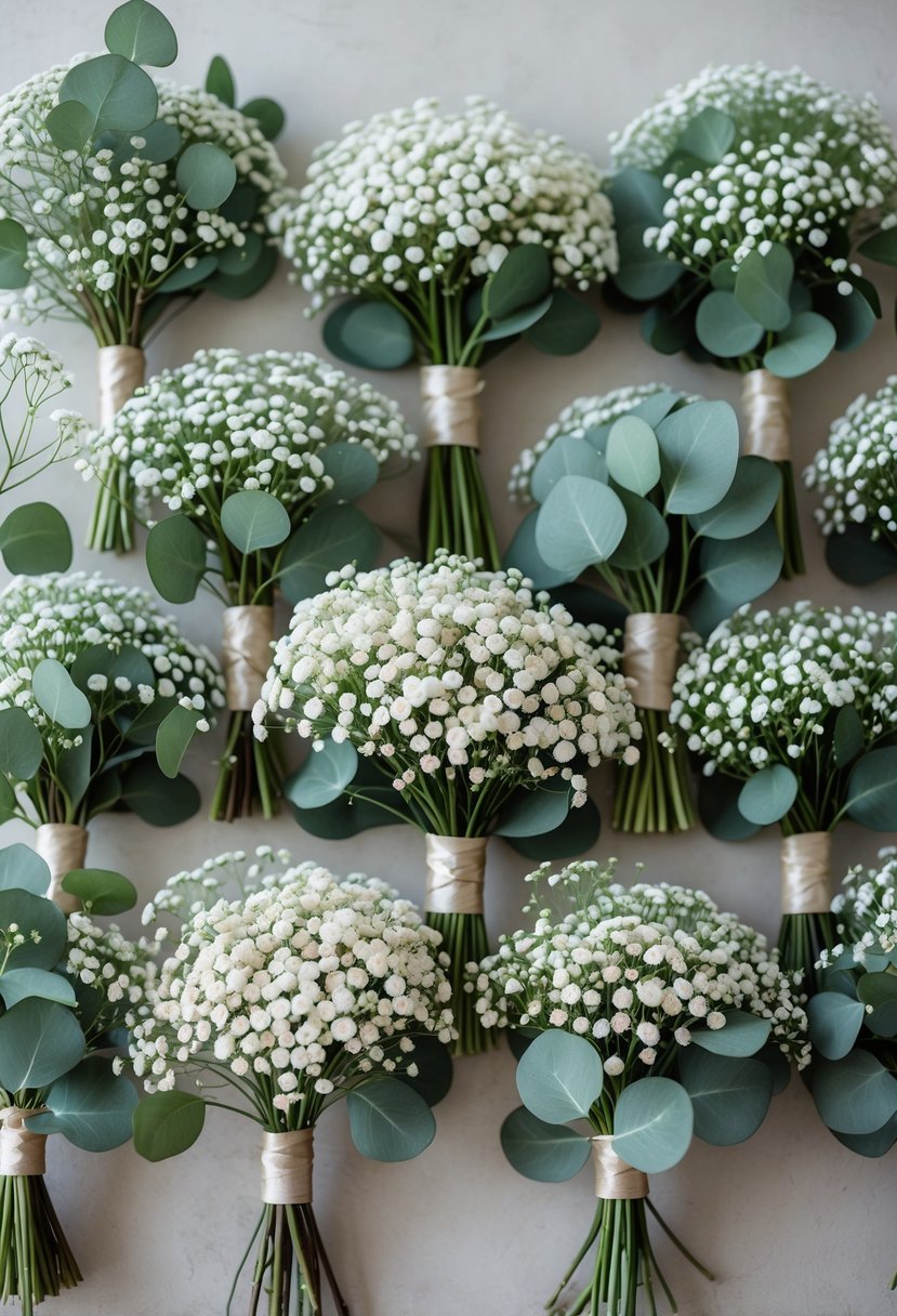 Fifteen mixed bouquets of white baby's breath flowers and green eucalyptus leaves arranged together.
