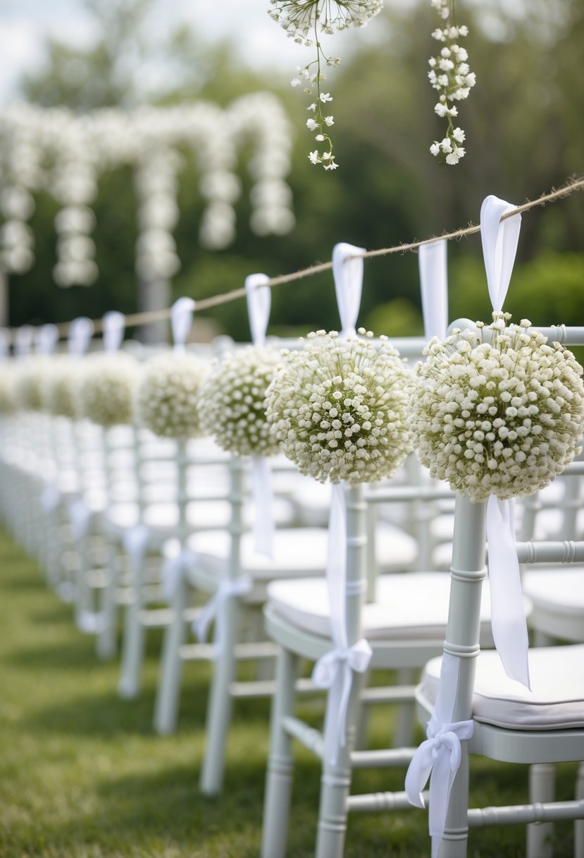 White baby’s breath flower pomanders hanging from white ceremony chairs arranged in rows outdoors.