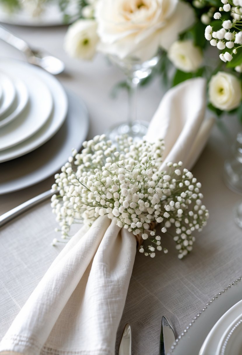 A wedding table setting with white linen napkins wrapped in baby’s breath flower napkin rings surrounded by plates and silverware.