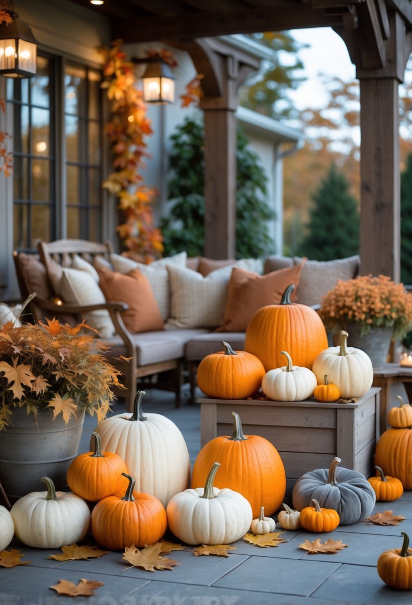A fall patio decorated with planters filled with orange and white pumpkins surrounded by autumn leaves and wooden furniture.