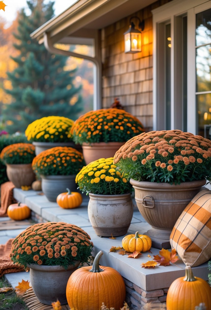 A fall patio with rustic pots filled with colorful mum flowers, pumpkins, and autumn decorations arranged around a cozy outdoor space.
