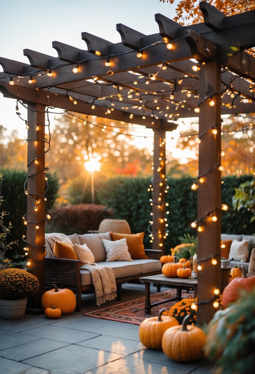 Outdoor patio with string lights woven through wooden pergolas and fall decorations including pumpkins and colorful leaves.