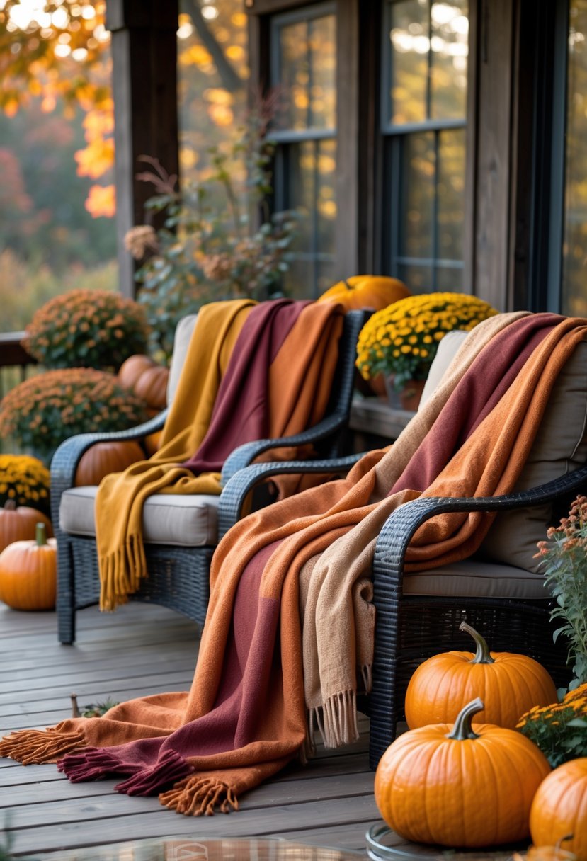 Outdoor seating area with layered cozy blankets and fall decorations on a patio.