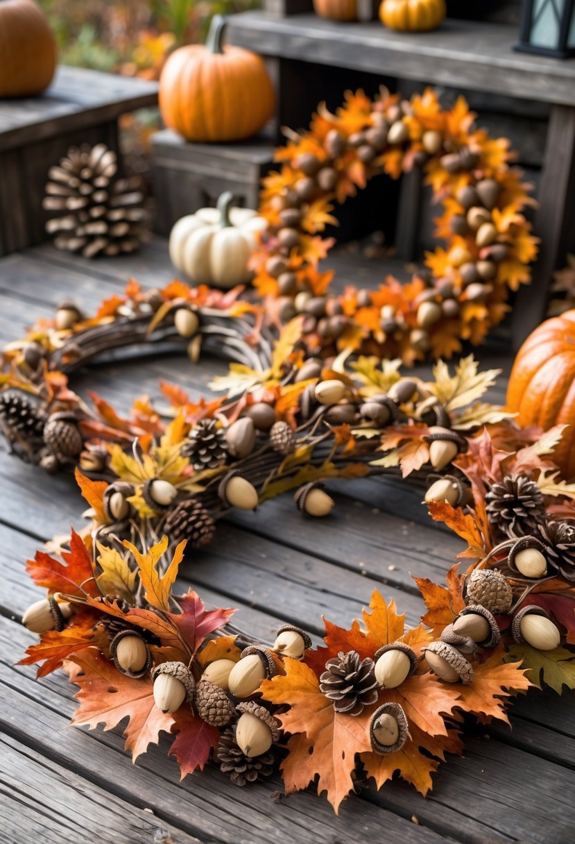 A collection of fall wreaths made from dried leaves and acorns displayed on a wooden patio with autumn decorations.