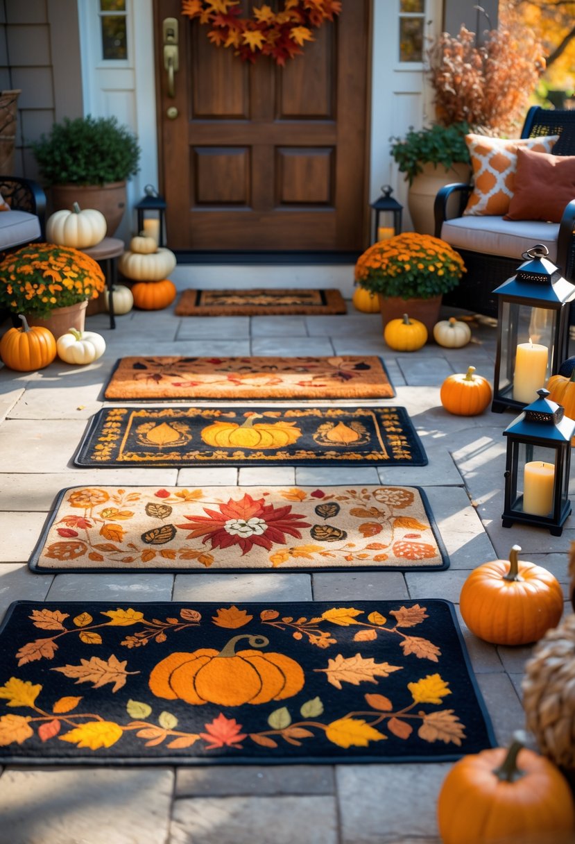 Outdoor patio with doormats featuring autumn leaf and pumpkin patterns, surrounded by fall decorations like pumpkins and potted flowers.