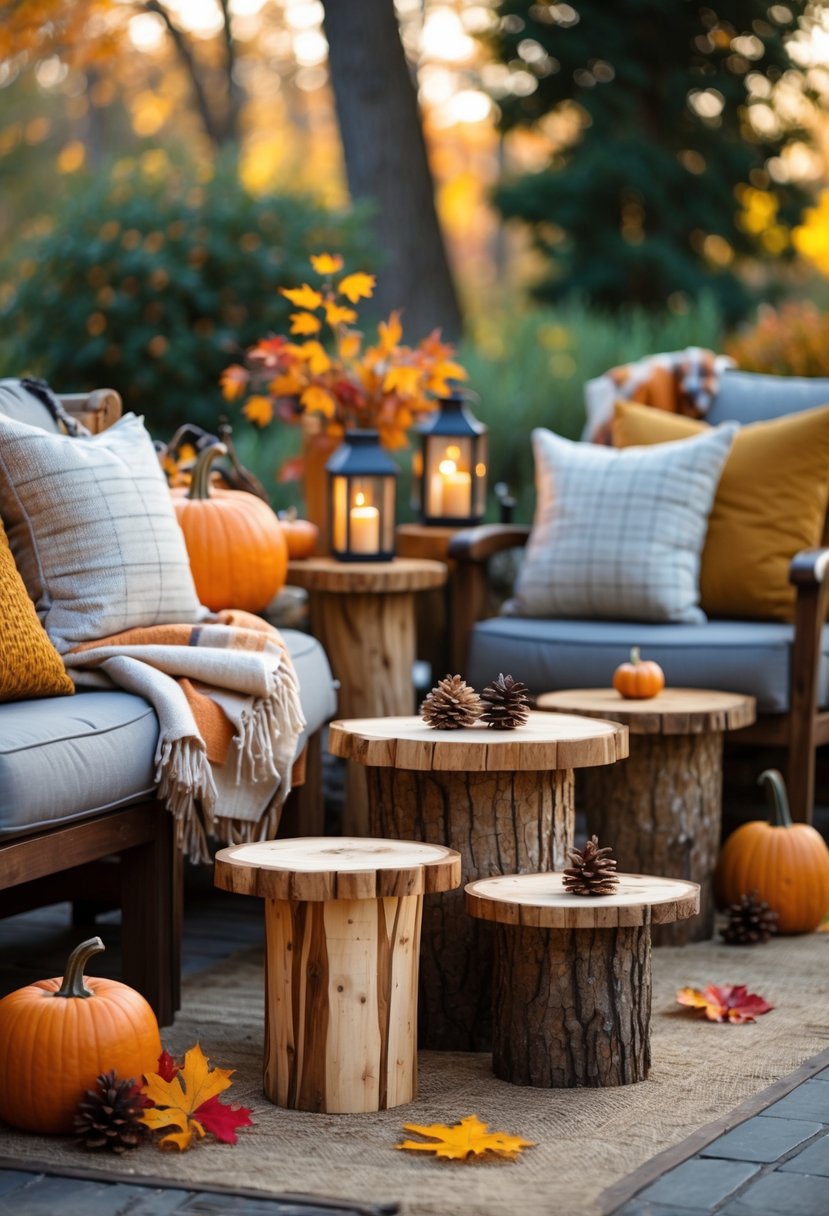 Outdoor patio with natural wood log side tables surrounded by fall decorations including pumpkins and leaves.