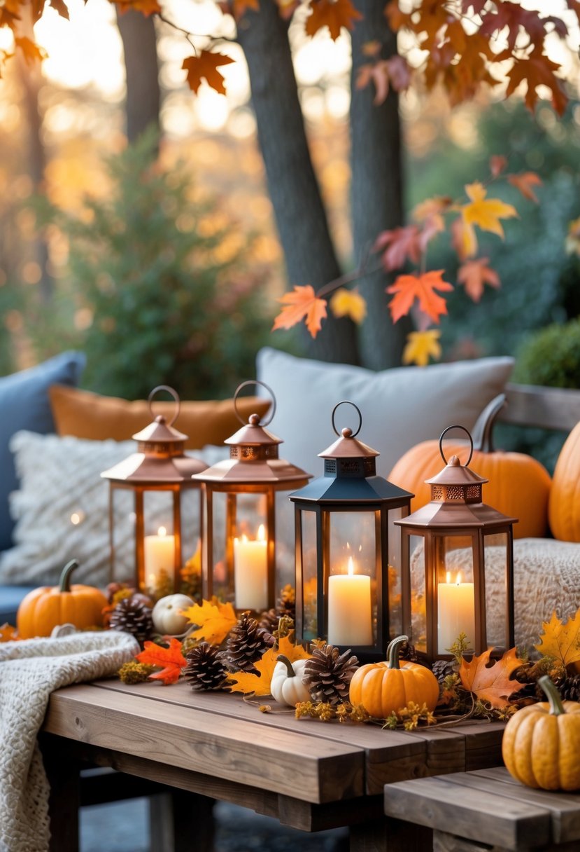 Outdoor patio decorated with copper and bronze lanterns, pumpkins, fall leaves, and cozy seating.