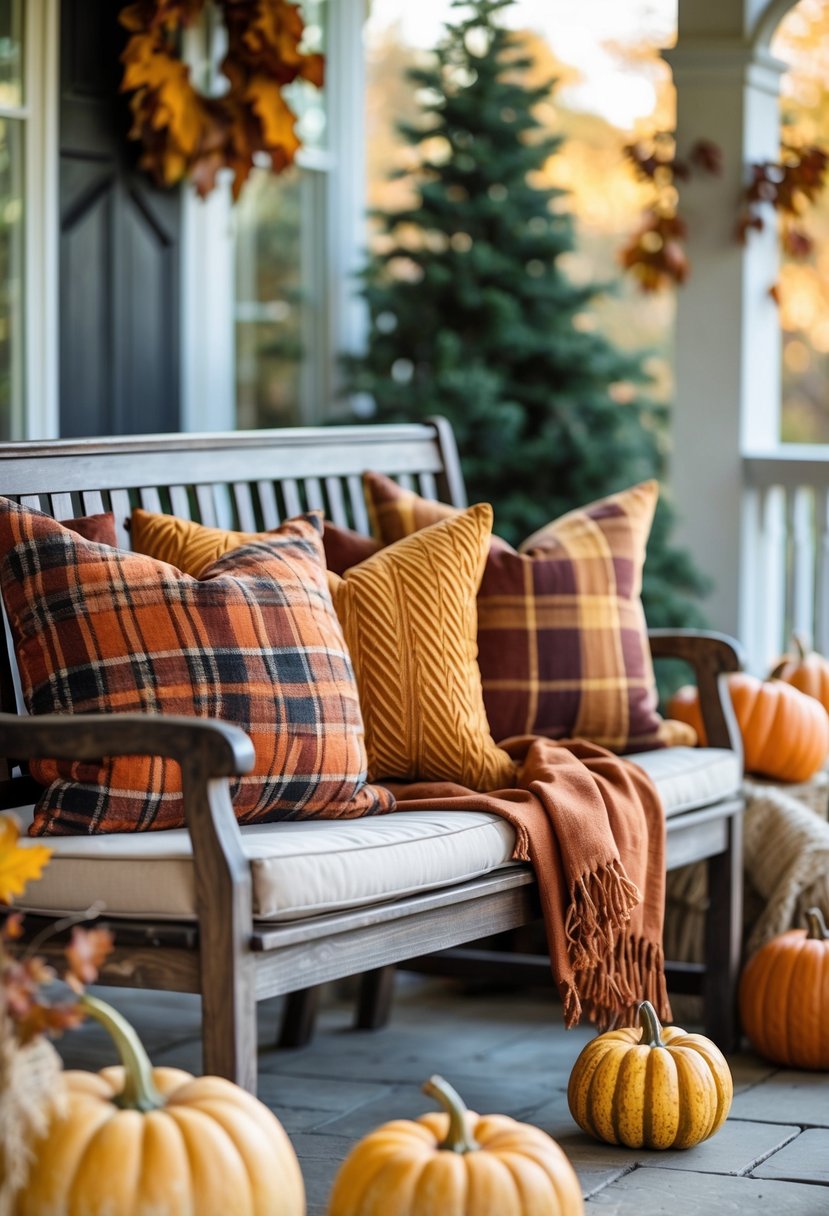 Outdoor patio with warm-colored plaid and herringbone throw pillows on wooden seating surrounded by fall decorations like pumpkins and leaves.