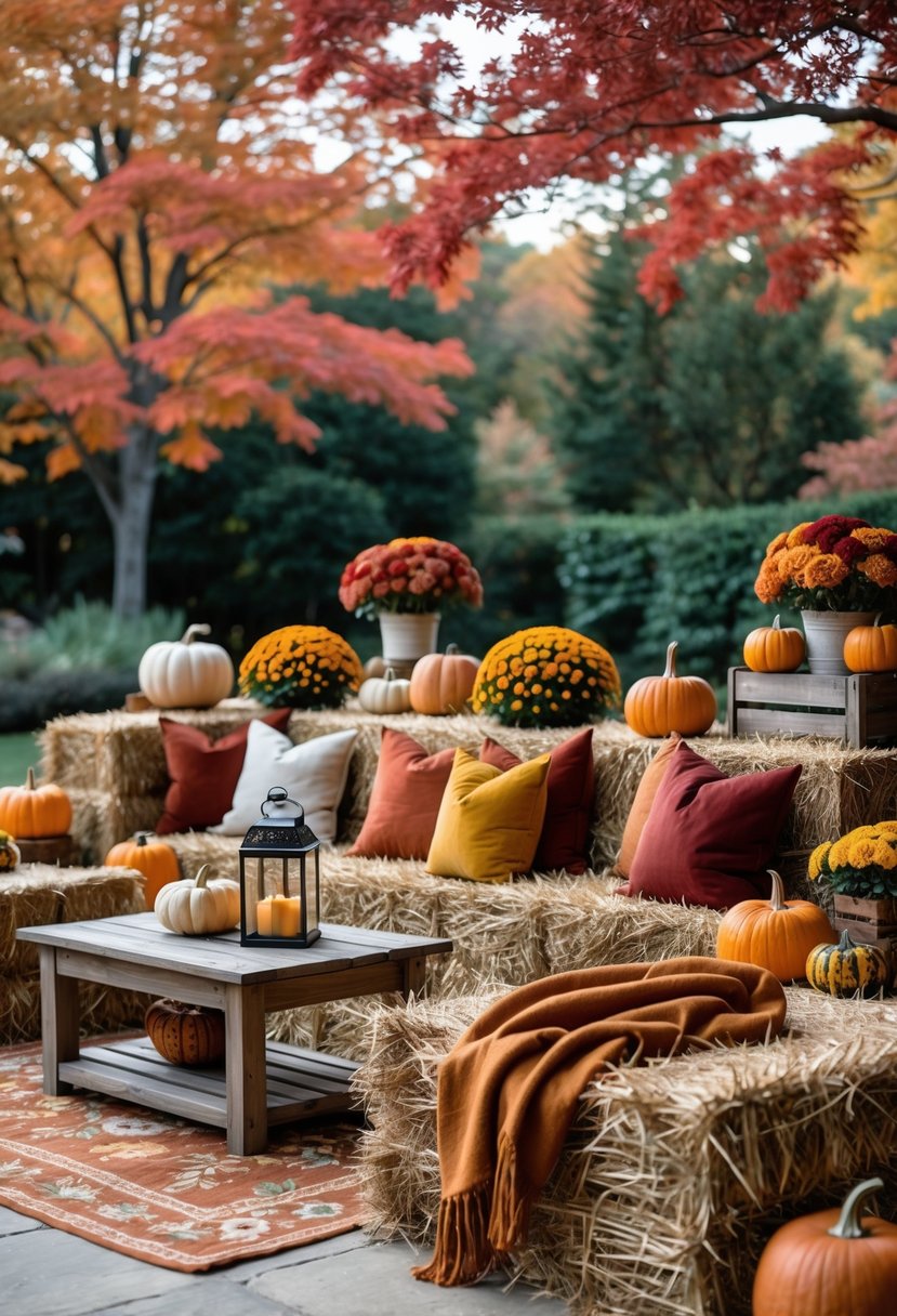 Outdoor patio with hay bale seating topped with cushions, surrounded by pumpkins and fall decorations under colorful autumn trees.