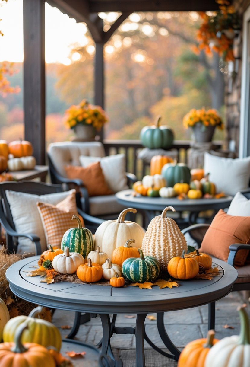 Outdoor patio tables decorated with colorful gourds and pumpkins as fall centerpieces surrounded by autumn leaves.