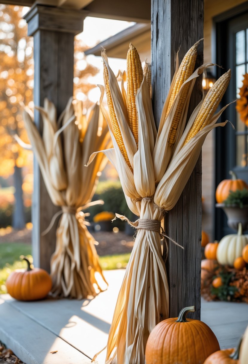 Porch posts decorated with bundles of dried corn stalks and autumn decorations on a fall patio.