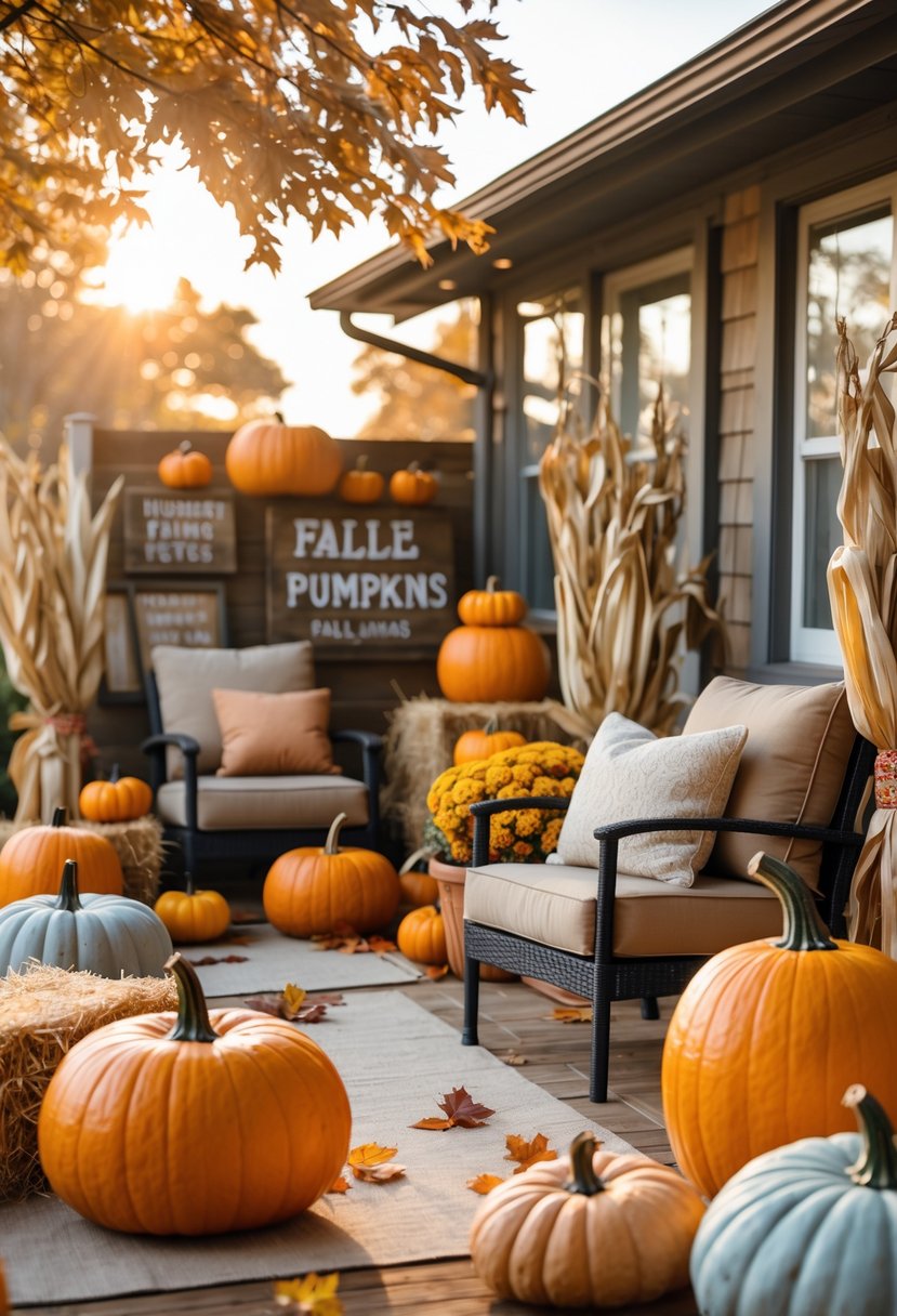A fall patio decorated with pumpkins, hay bales, dried corn stalks, and wooden signs among outdoor furniture.